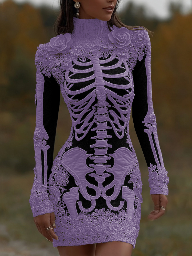 Women's Halloween Skeleton Bones With Rose Art Cozy Knit Turtleneck Mini Sweater Dress