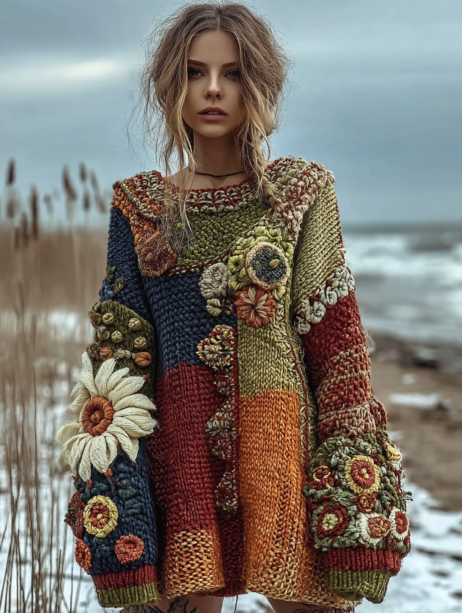 Vintage floral crochet multi-color patchwork comfortable knitted pullover sweater