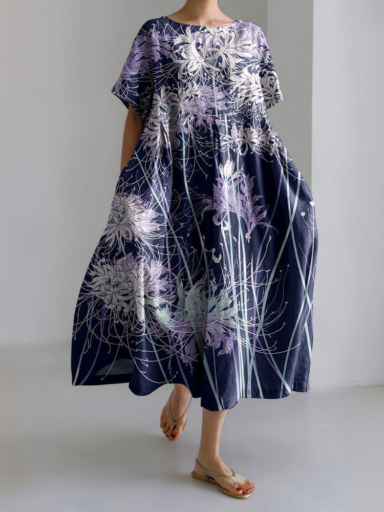 Japanese Chrysanthemum Art Short Sleeve Midi Dress