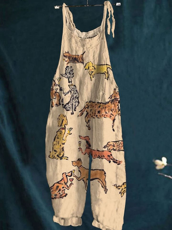 Vintage Lovely Dogs Art Print Casual Wide-Leg Jumpsuit