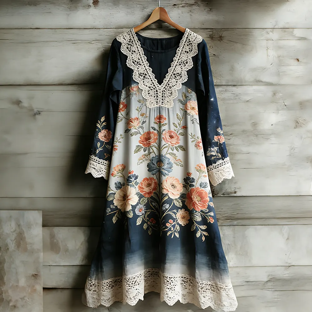Floral Polka Dot Patchwork V-neck Long Sleeve Dress