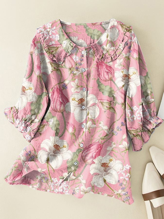 Vintage Floral Cotton & Linen Peter Pan Ruffle Collar Shirt