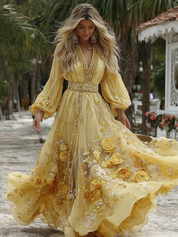 Women's Classic Yellow Roses And Floral Art Print V-neck Long Sleeve Maxi Dress