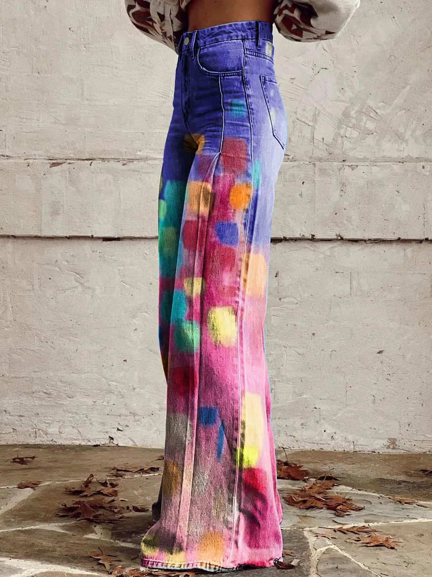 Bright Art Color Block Print Casual Wide-Leg Pants