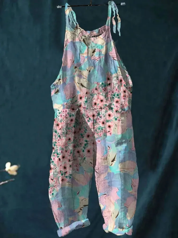 Vintage Lovely Floral Art Print Casual Wide-Leg Jumpsuit