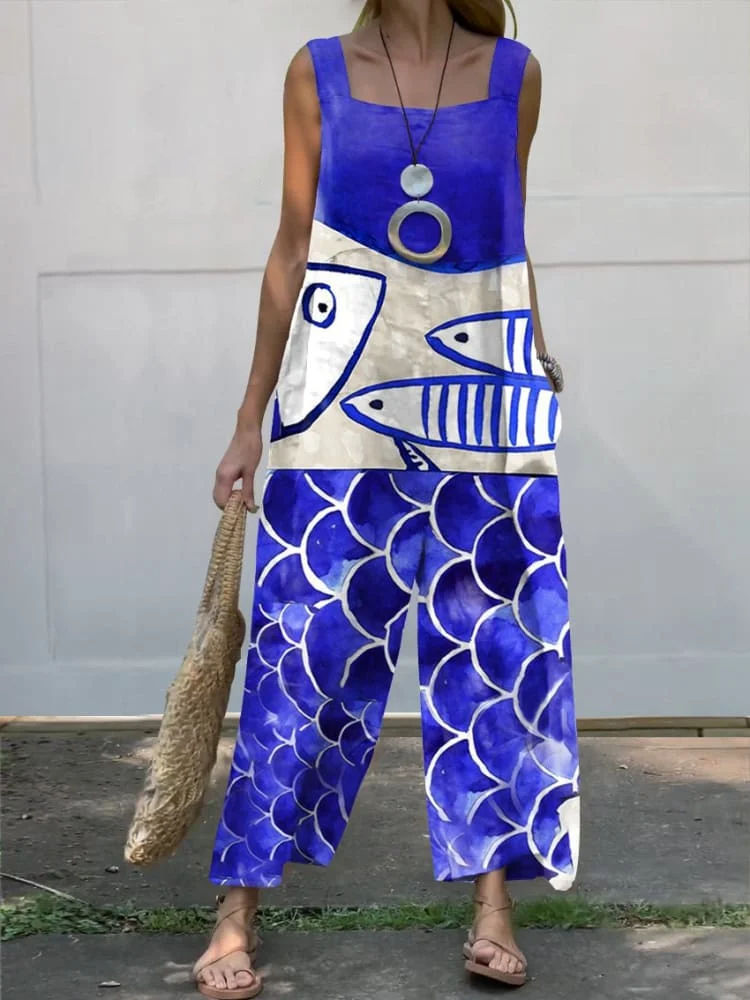 Fish Art Printed Casual Wide-Leg Jumpsuit