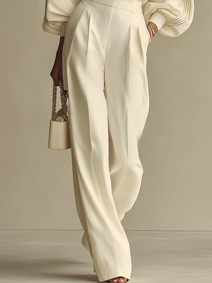 Ivory Textured Set With Ribbed Crew Neck & High-Waisted Bottoms, Modern Sophisticated Style Set
