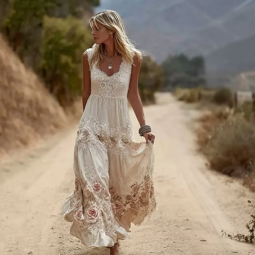 Vintage Boho Pink Roses Embroidered Flowy Lace Maxi Dress