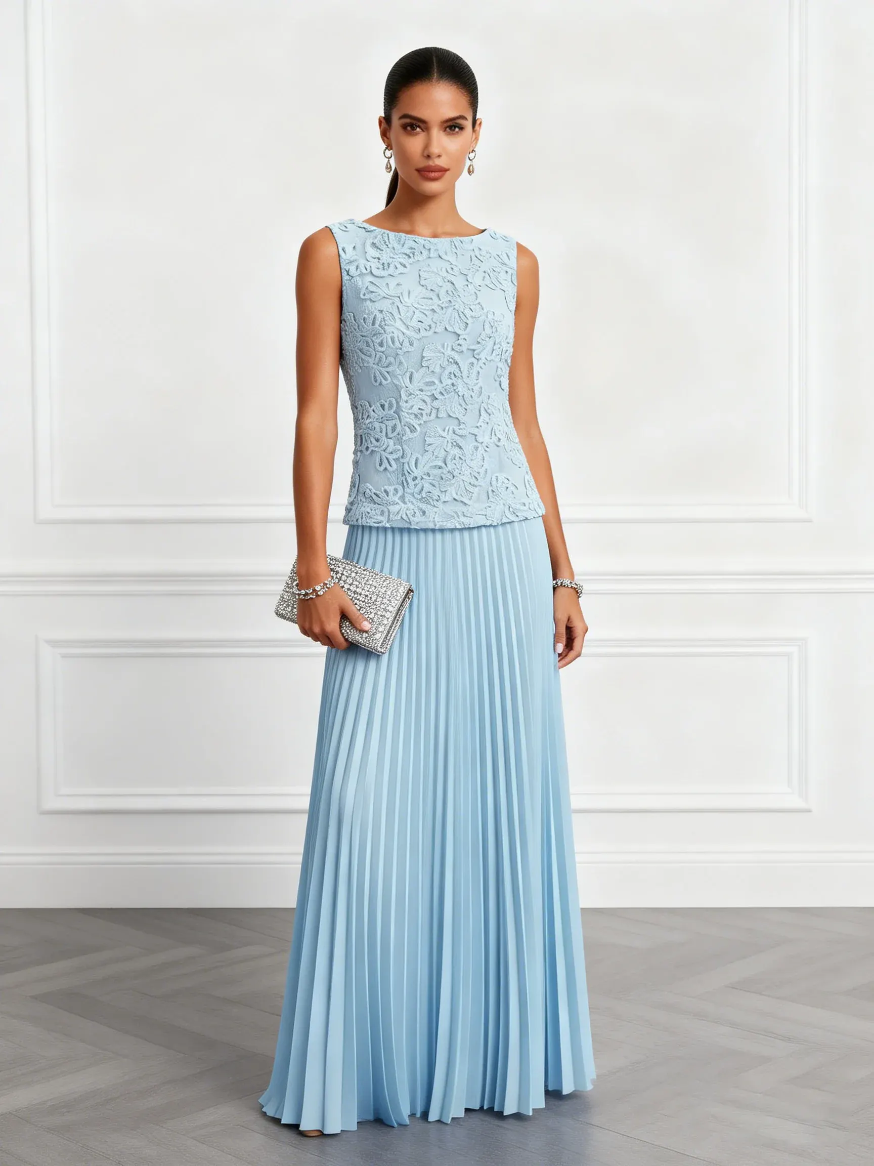 Light Blue Lace Jacquard Classic Boat Neck Sleeveless A-Line Floor-length Gown