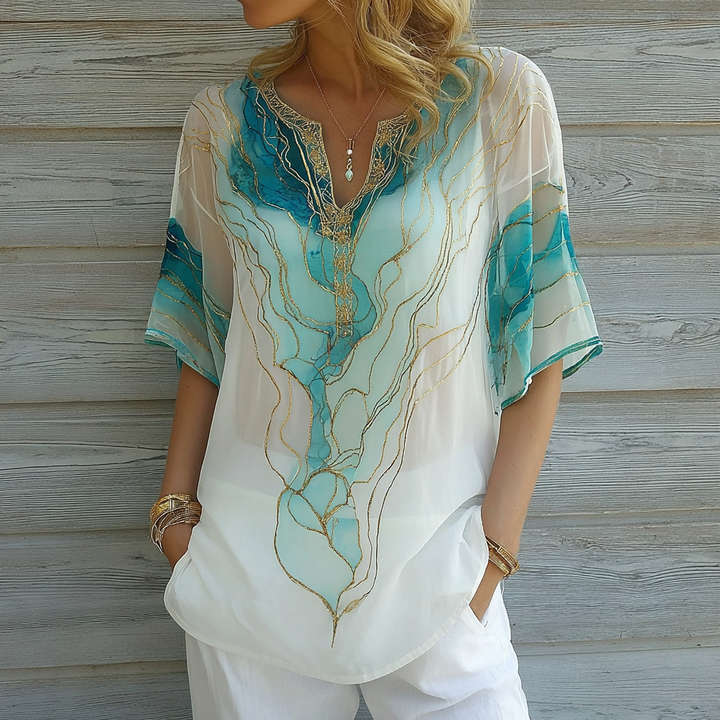 Vintage Marble Texture Collection Bohemia Women Style Gradient Gilded Pattern Round Neck T-shirt