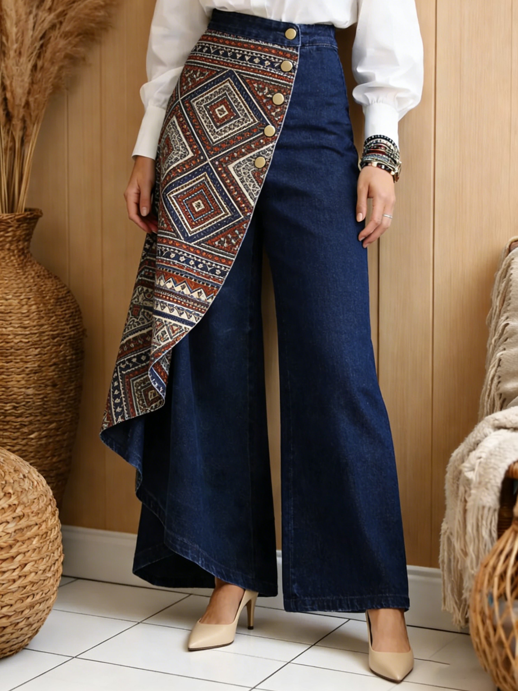 Art Print Casual Washed Denim Cotton Pants