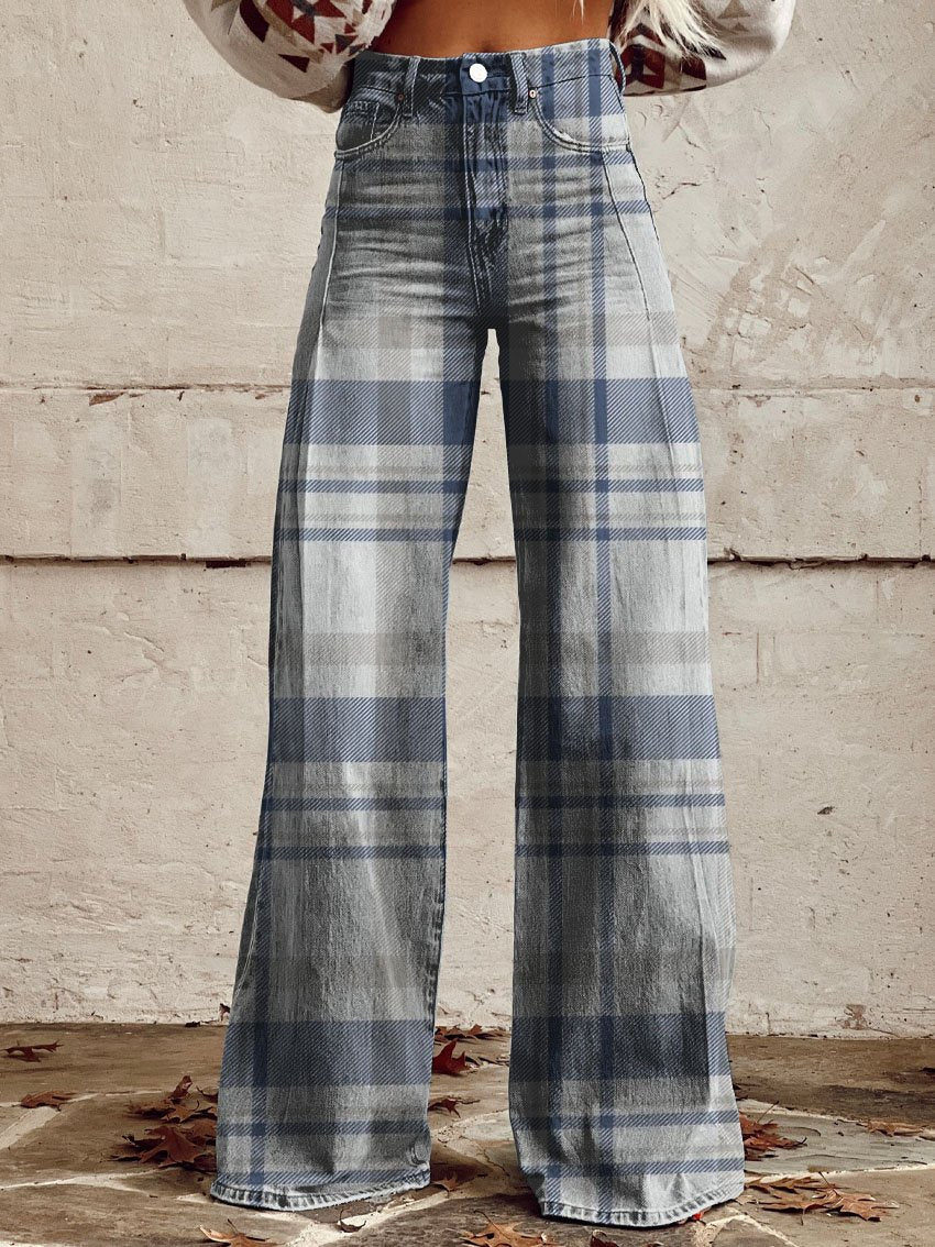 Blue & White Checkered Texture Print Casual Wide-Leg Pants