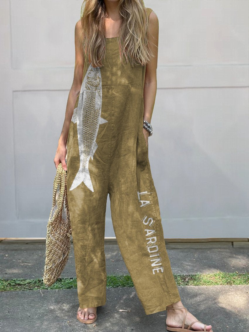 Sardine Fish Graphic Printed Women's Casual Wide-Leg Jumpsuit