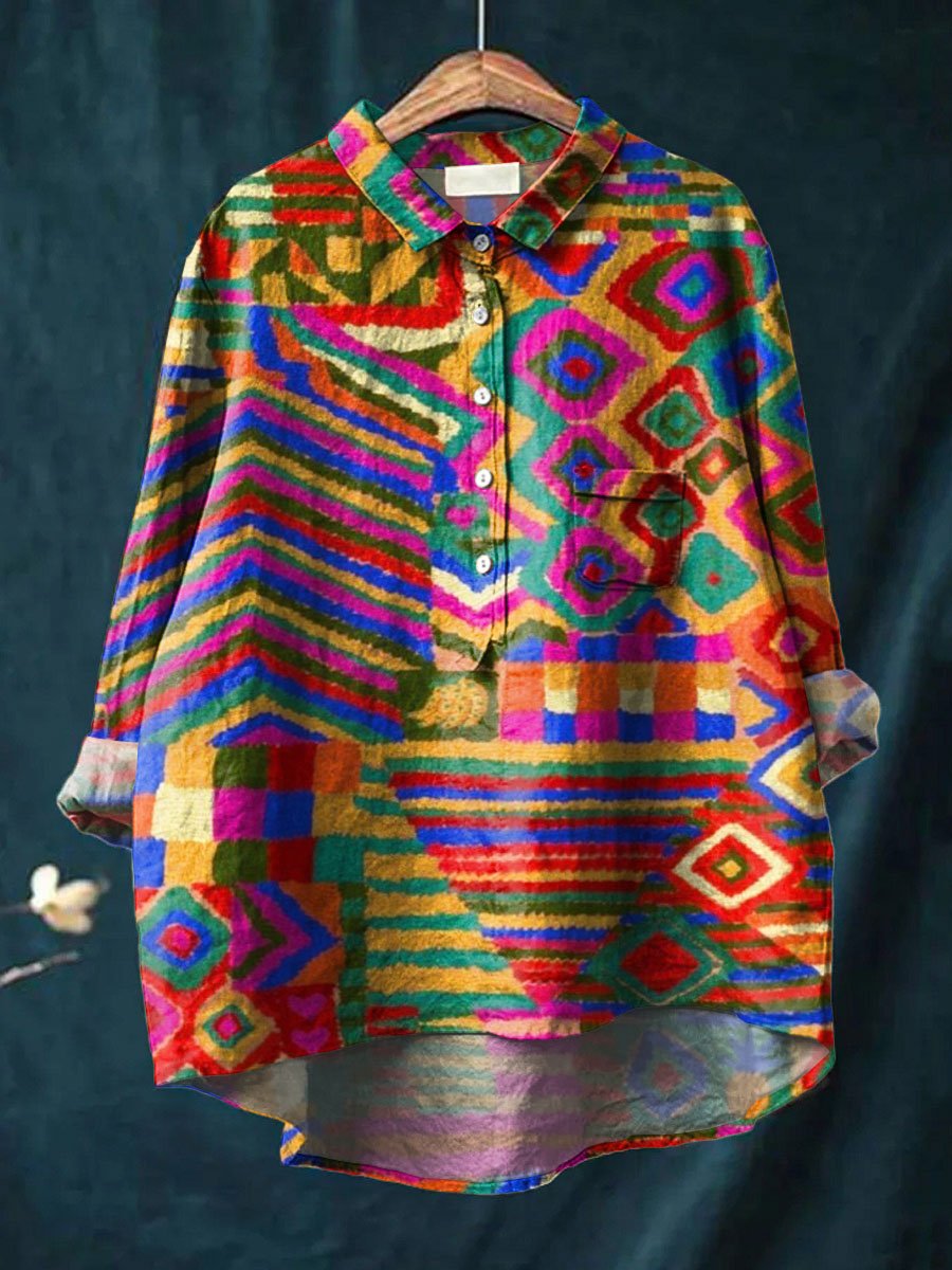 Vintage Ethnic Art Print Casual Cotton & Linen Shirt