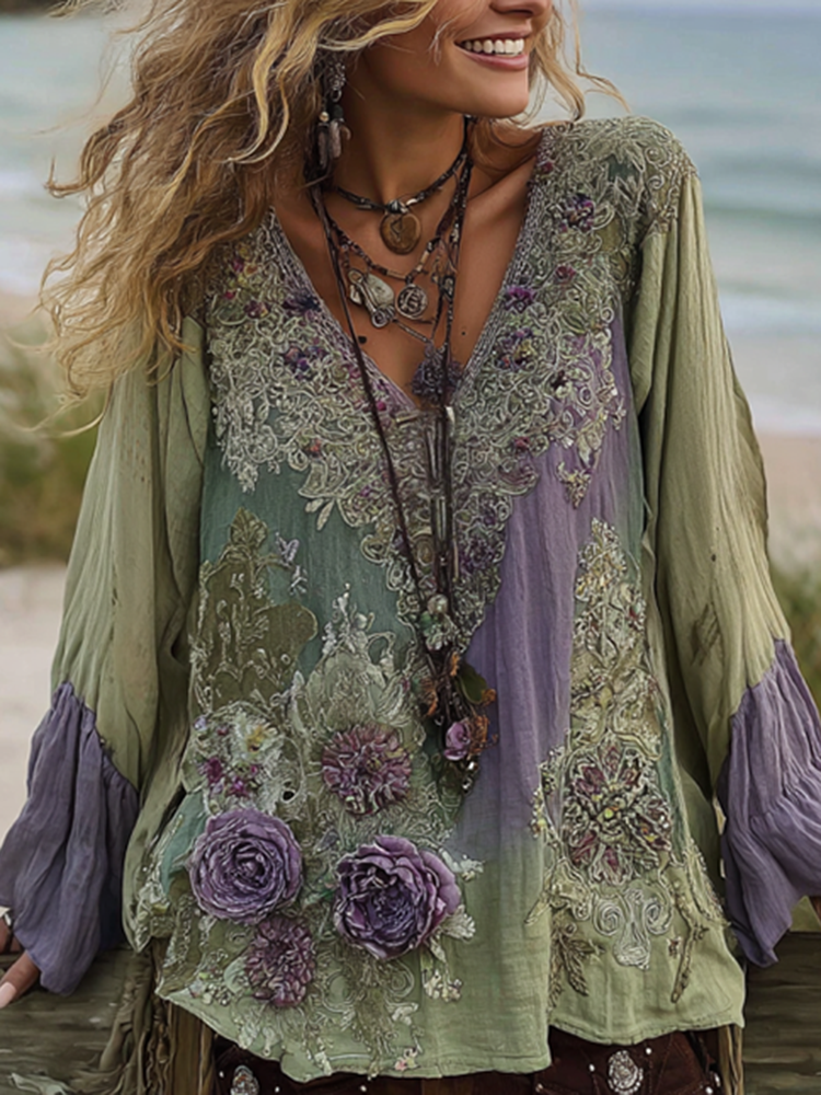 Vintage Purple Lavender And Floral Embroidered V Neck Long Sleeve Shirt
