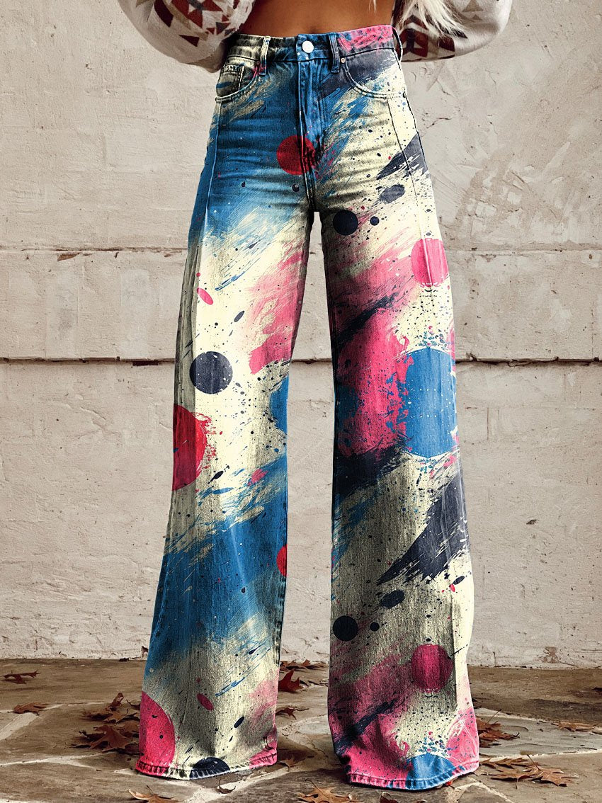 Cotton Candy Blue Pop Art Print Casual Wide-Leg Pants
