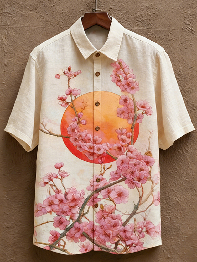 Men's Japanese-style Artistic Floral Print Short-sleeved Shirt