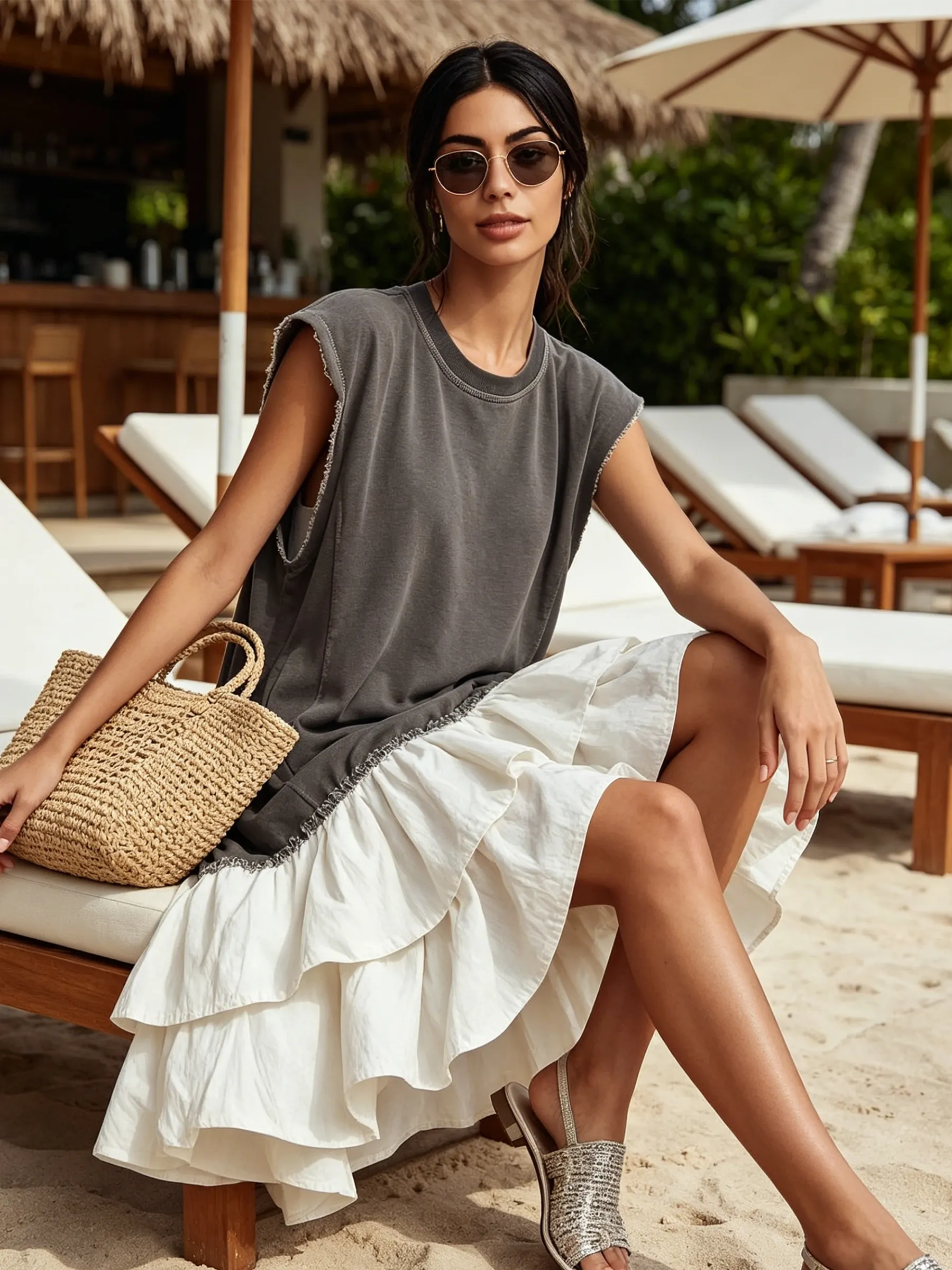 Contrast Raw Edge Tiered Hem Sleeveless Mini Dress Color Block Casual Loose Fit Vacation Dress