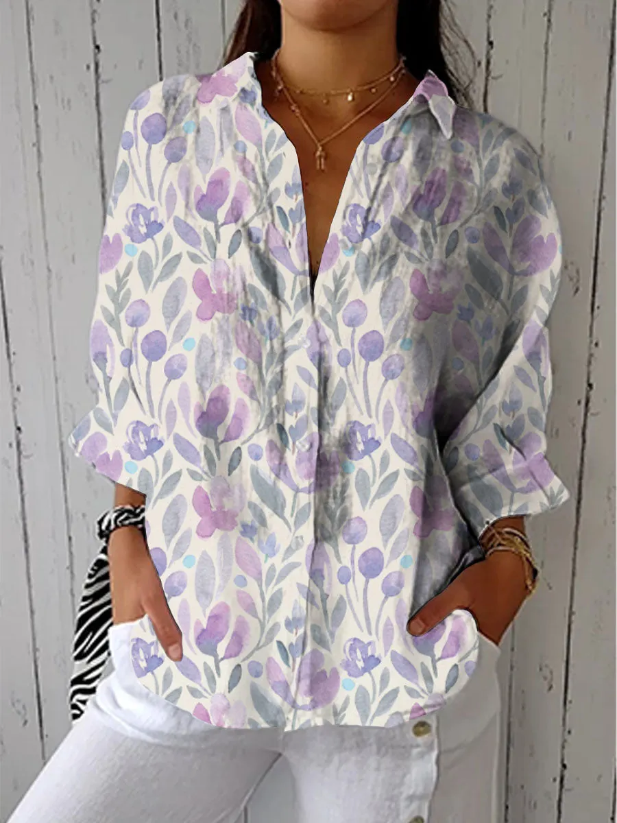 Vintage Art Purple Flower Print Casual Linen V-neck Shirt