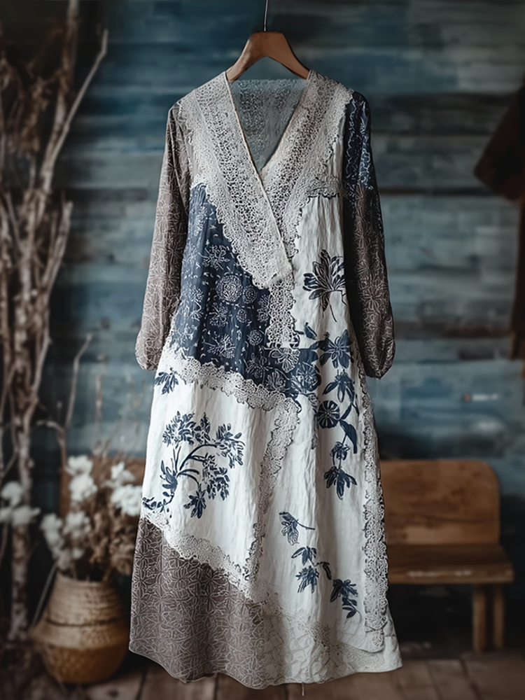 Japanese Art Retro Style Geometric Patchwork Design Lace Patch Women's Cotton & Linen Dress