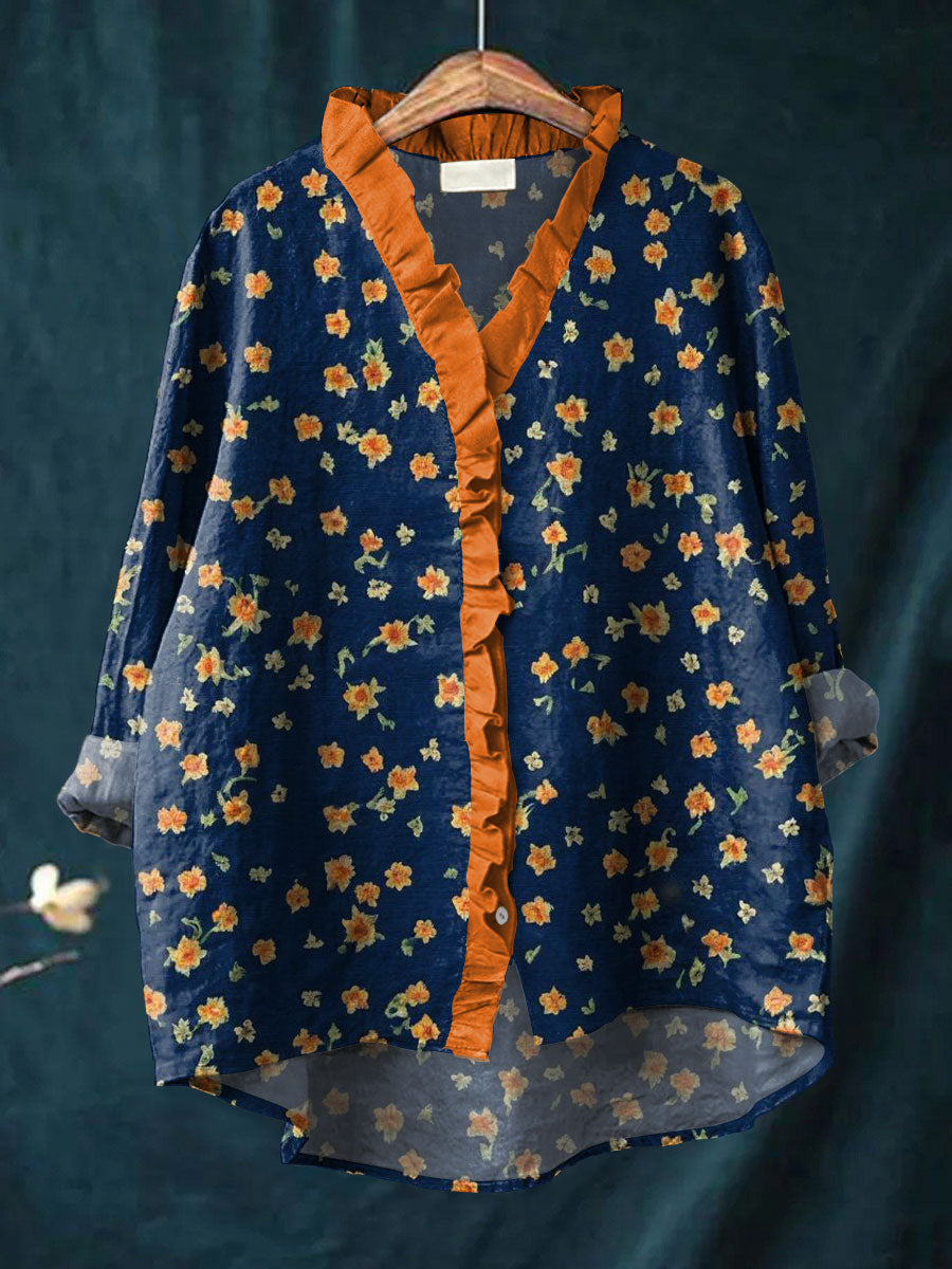 Vintage Floral Art Print Casual Cotton & Linen Ruffle Shirt
