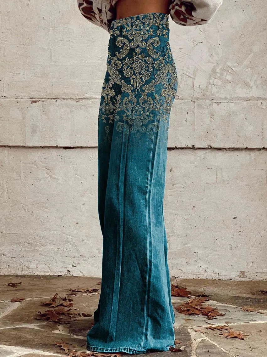 Retro Antique Floral Print Casual Wide-Leg Pants