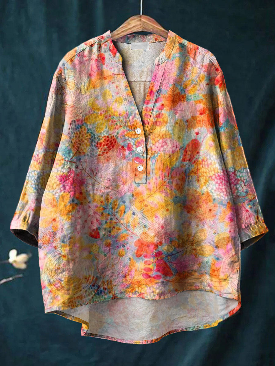 Colourful Art Flowers Print Casual Cotton & Linen Ruffle Shirt