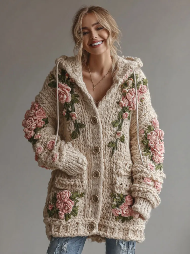 Women's Vintage Pink Floral Art Cozy Knit Hooded Cardigan