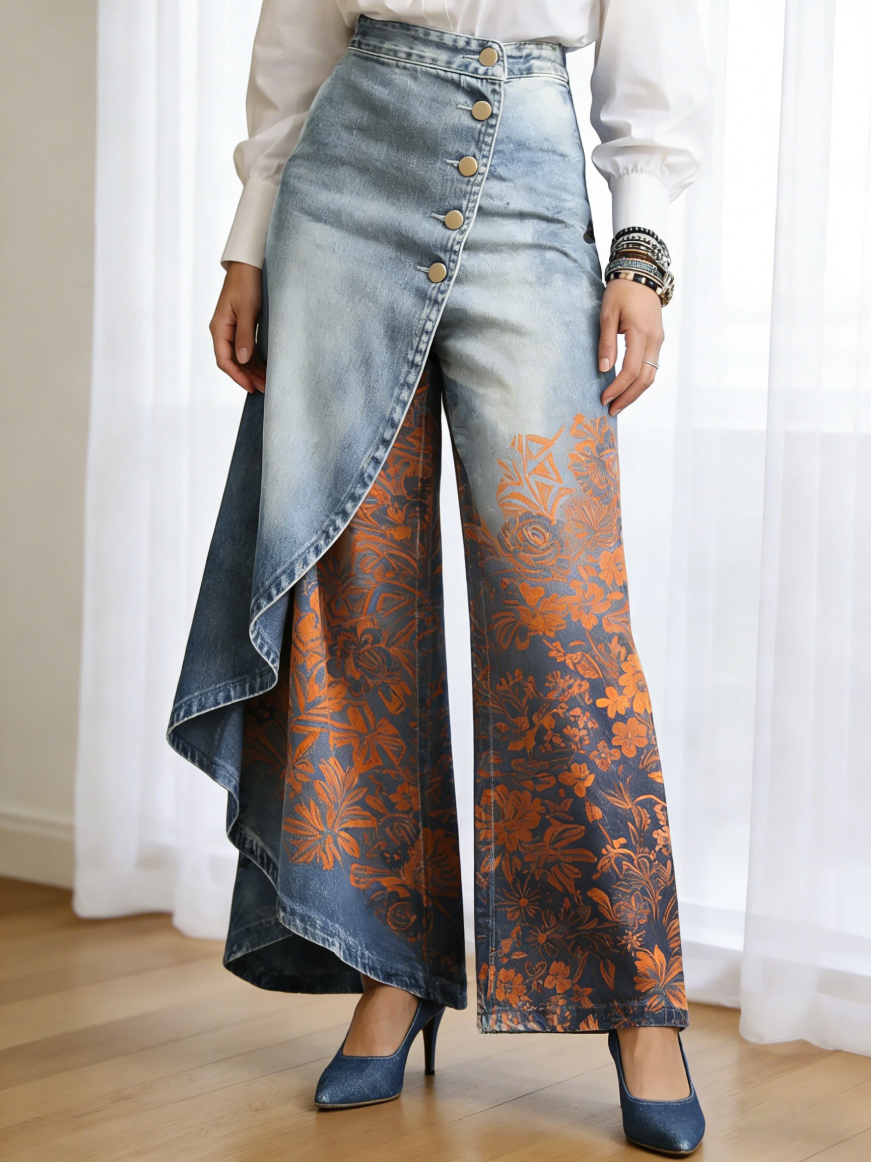 Art Print Casual Washed Denim Cotton Pants