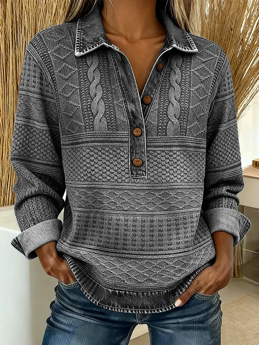 Women's Denim Print Shirt Collar Casual Loose Knit Top