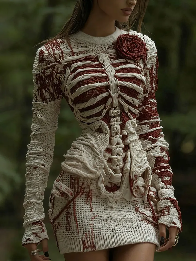 Women's Halloween Muscle Anatomy Bandage With Rose Art Cozy Knit Mini Sweater Dress