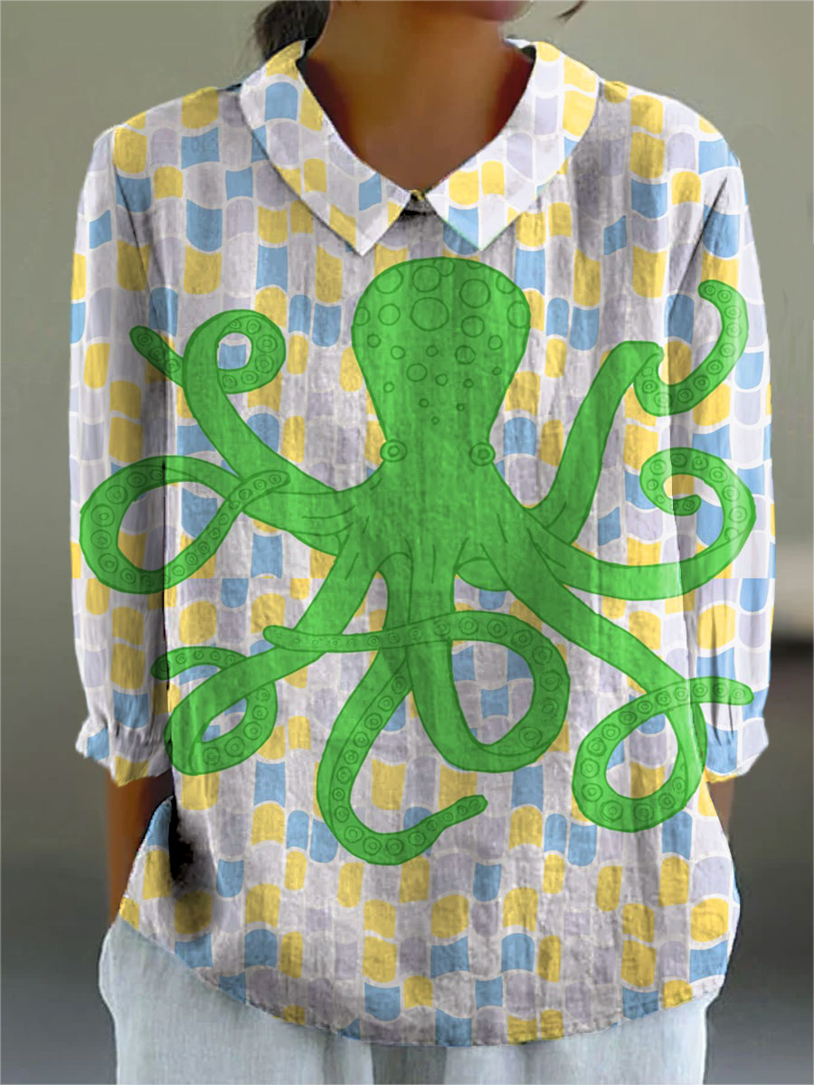 Vintage Octopus Block Art Print Casual Cotton & Linen 3/4 Sleeve Shirt