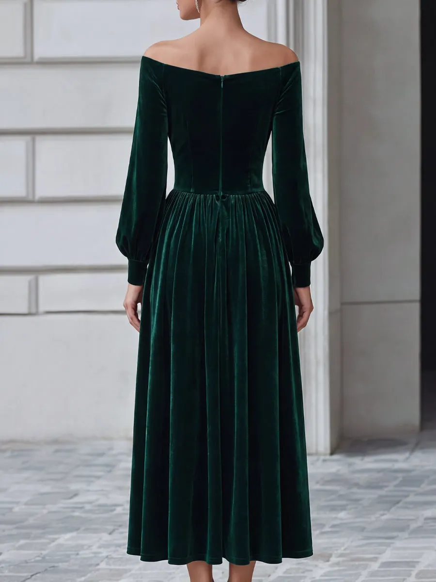 Green Off-Shoulder Ruched Velvet A-Line Midi Dress