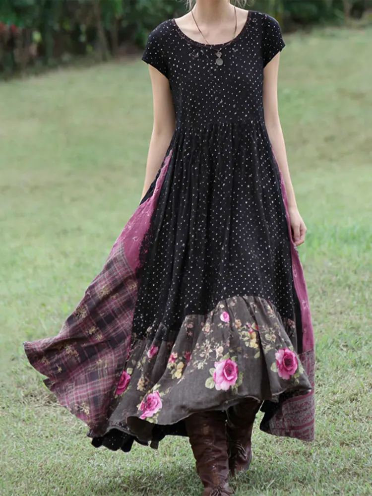 Women's Vintage Pink Rose And Plaid Patchwork Short-sleeved Dress