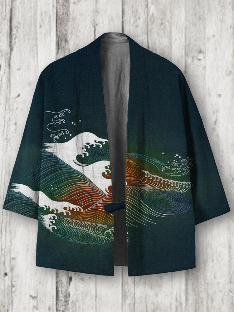 Sea Wave Print Linen Blend Kimono Cardigan