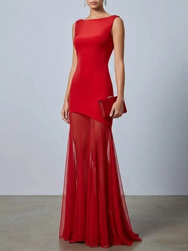 Red Classic Boat Neck Sleeveless Mermaid Floor-length Gown