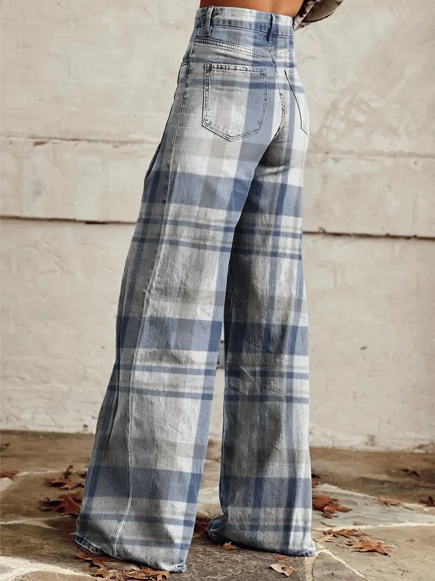 Blue & White Checkered Texture Print Casual Wide-Leg Pants