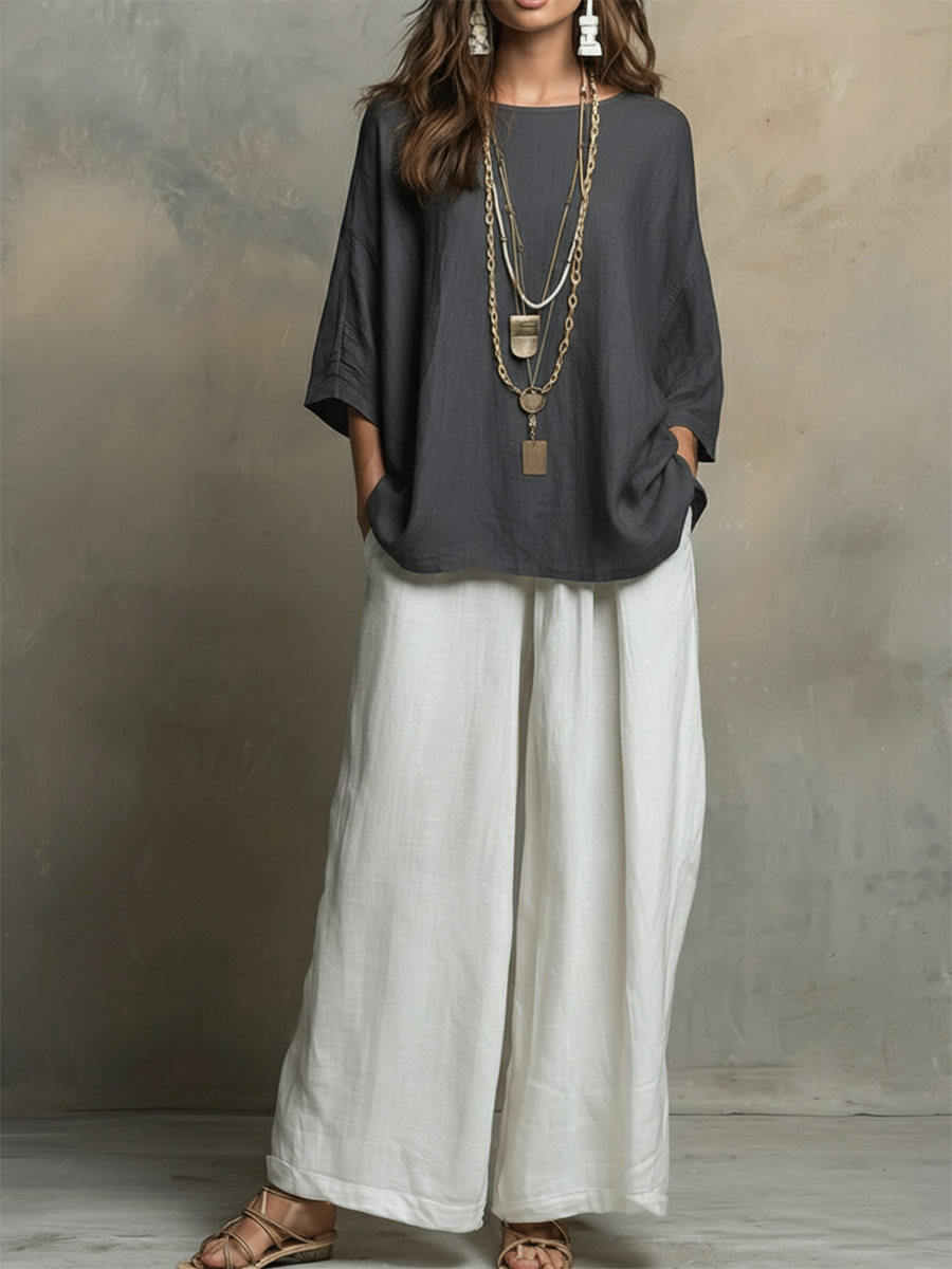 Cotton-linen Irregular Top & Wide-leg Pants Two-piece Set