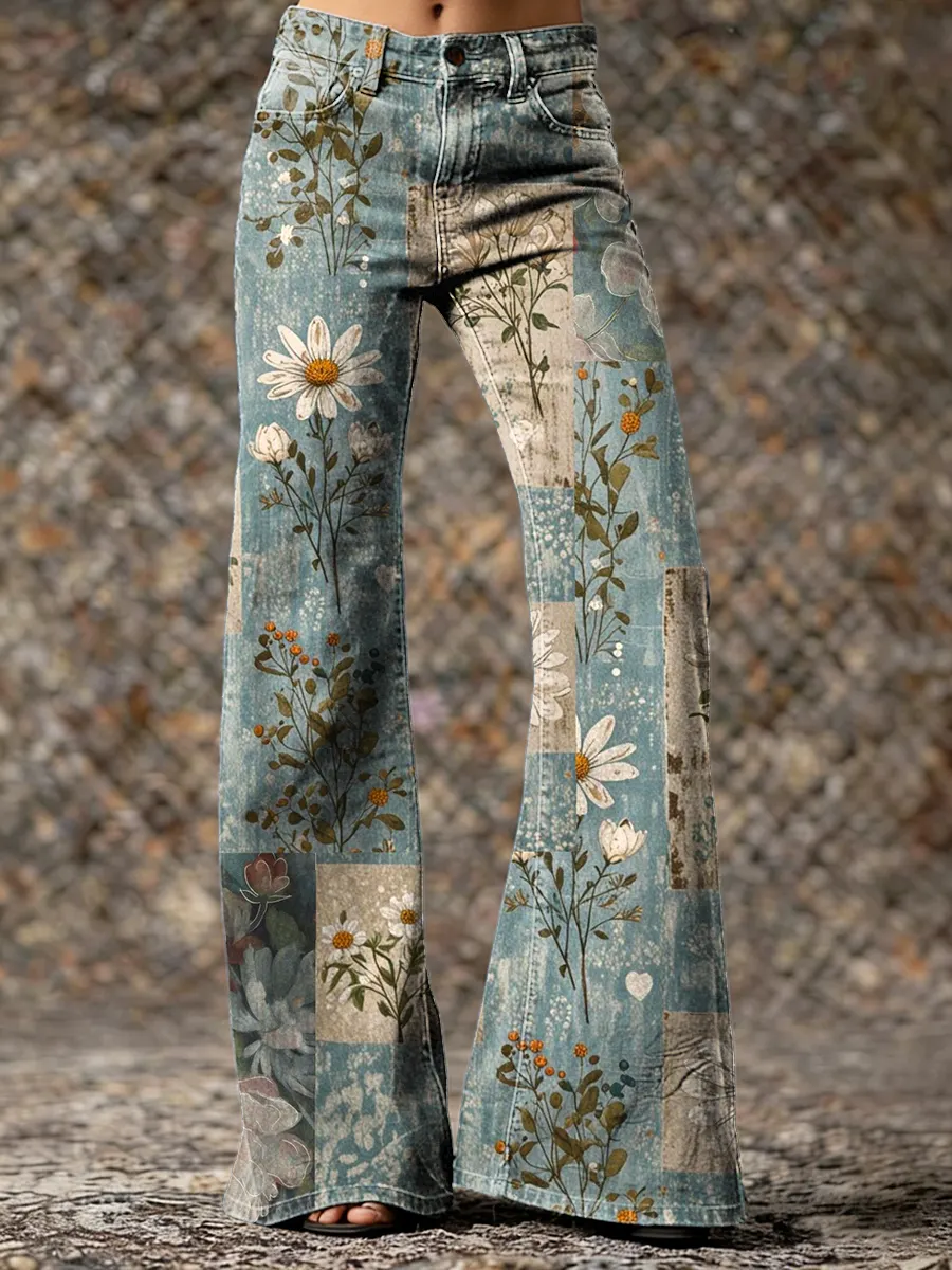 Vintage Blue Collage Floral Daisy Hippie Art Printed Casual Flared Pants