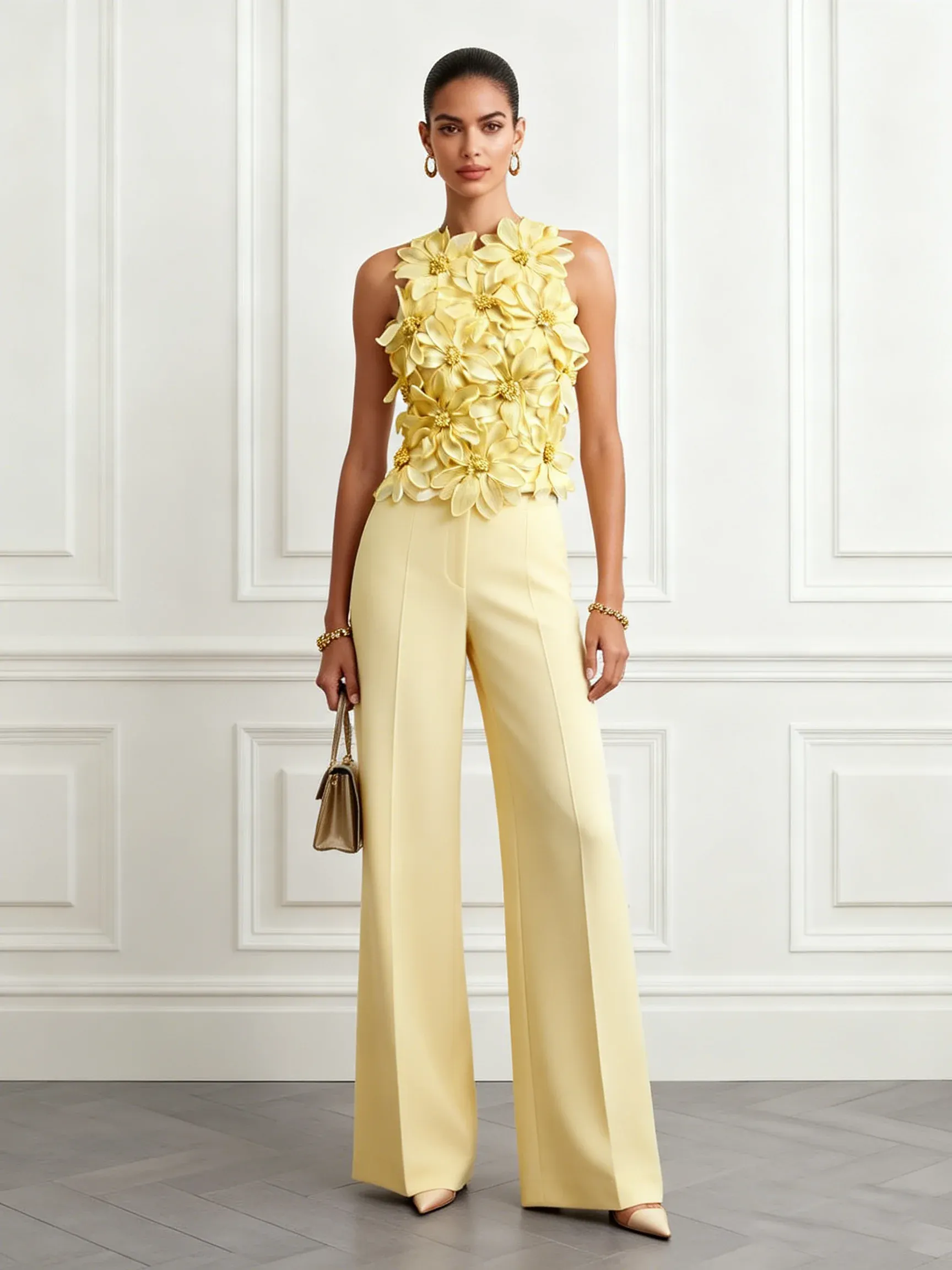 Yellow 3D Floral Crew Neck Sleeveless Elegant Jumpsuit