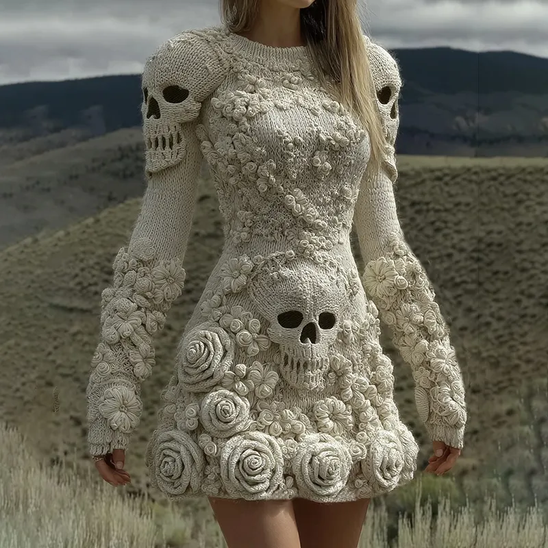 Women's Halloween Skull With Rose Pattern Art Cozy Knit Sweater Dress