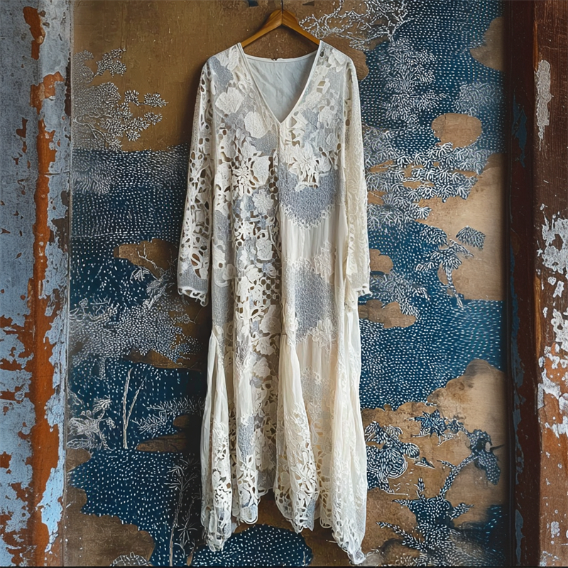 Japanese Floral Art Hollow Lace Flowy Linen Maxi Dress