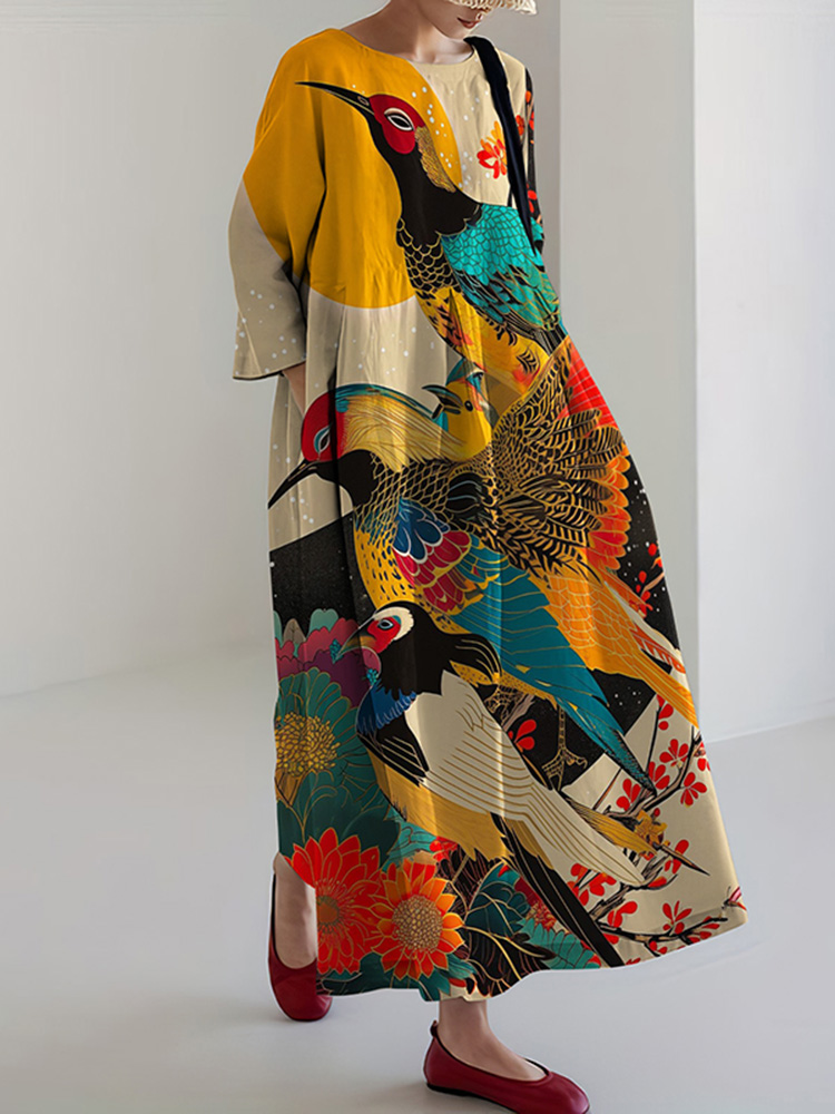 Retro Japanese Floral & Bird Art Print Midi Dress