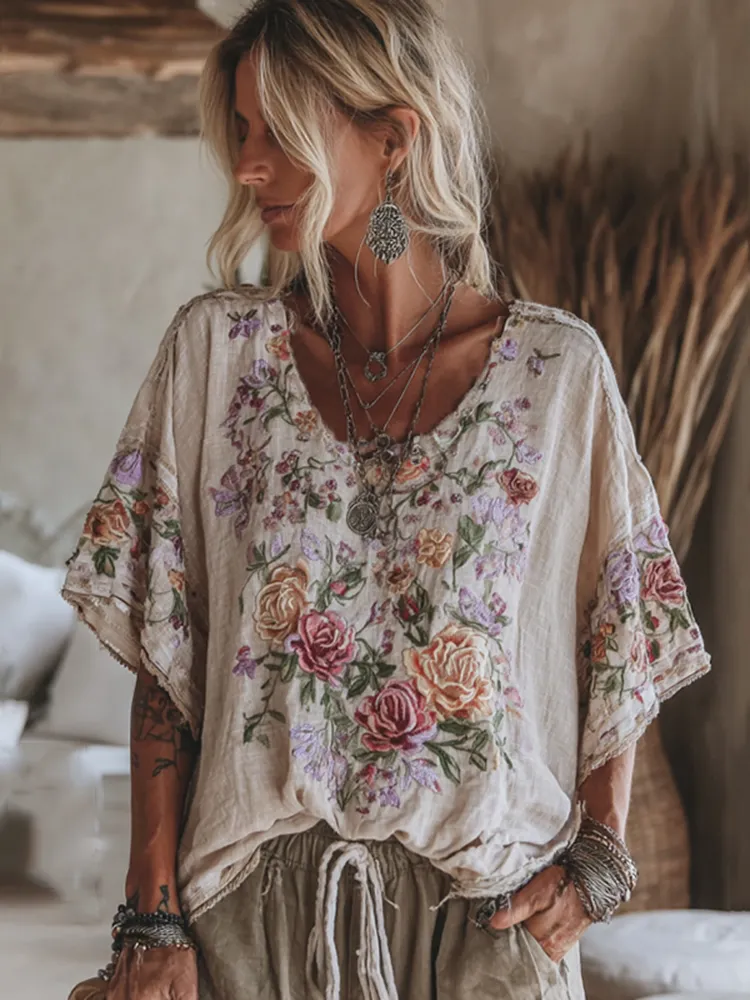 Vintage Floral Embroidered Short Sleeve Shirt