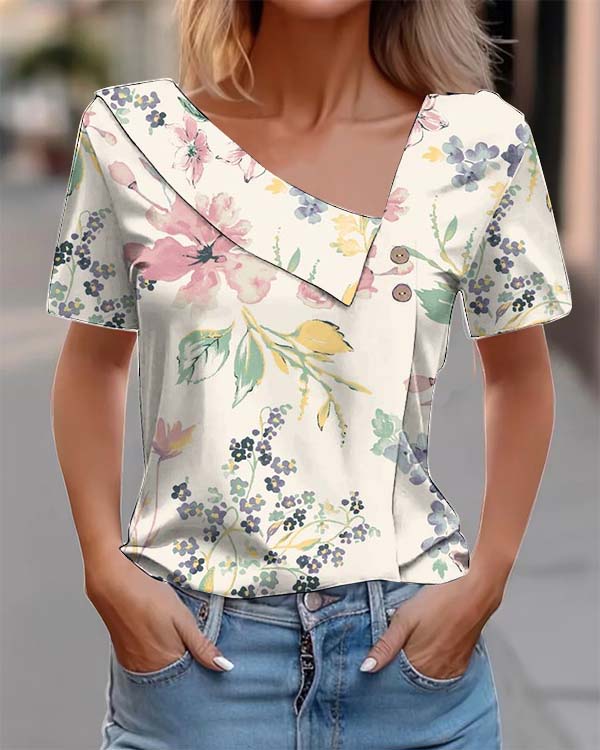 Vintage Floral Cotton Blend Short Sleeve Button Top