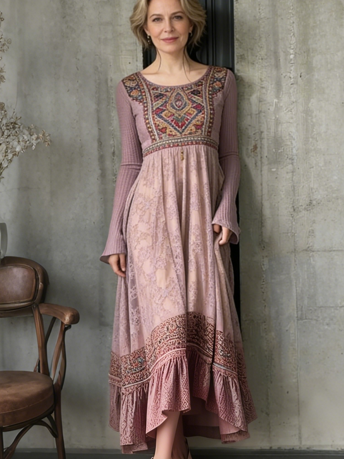 Vintage Ethnic Floral Boho Art Women's Flowy Dress