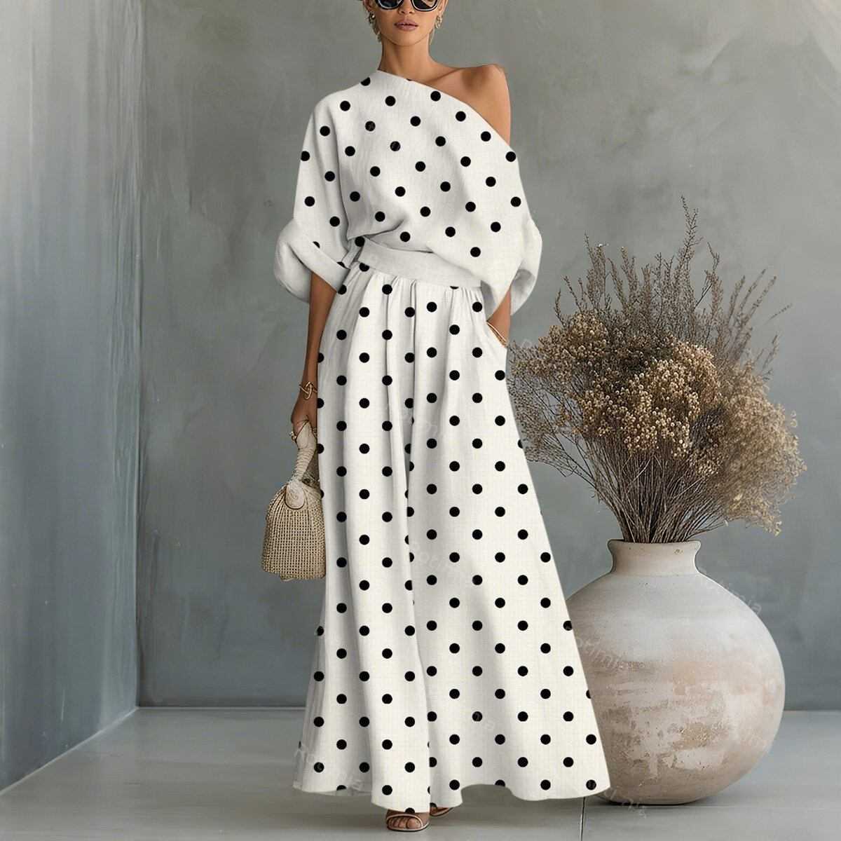 Simple Polo Dot Print Shoulder Top& Pants Two-Piece Set