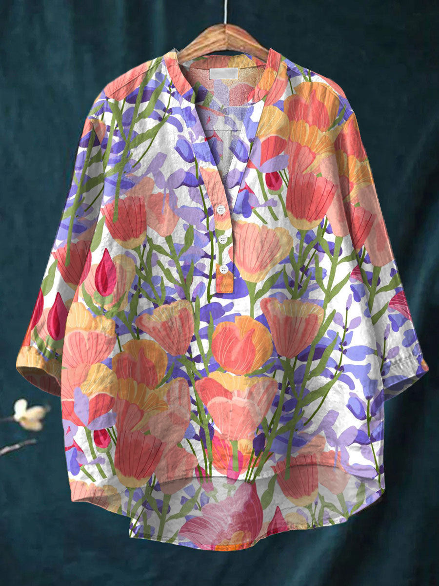 Vintage Flower Art Print Casual Cotton & Linen Shirt