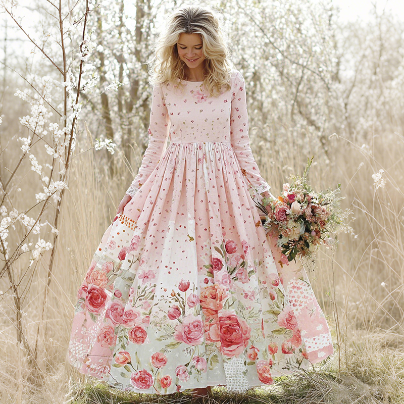 Vintage Floral Art Women's Long Sleeve Maxi Cute Dress
