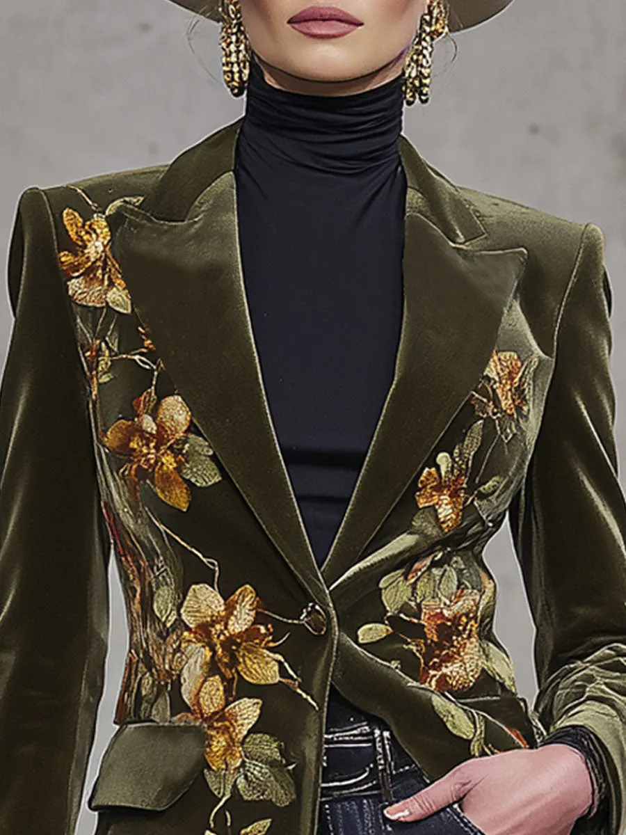 Retro-style Floral Print Velvet Blazer